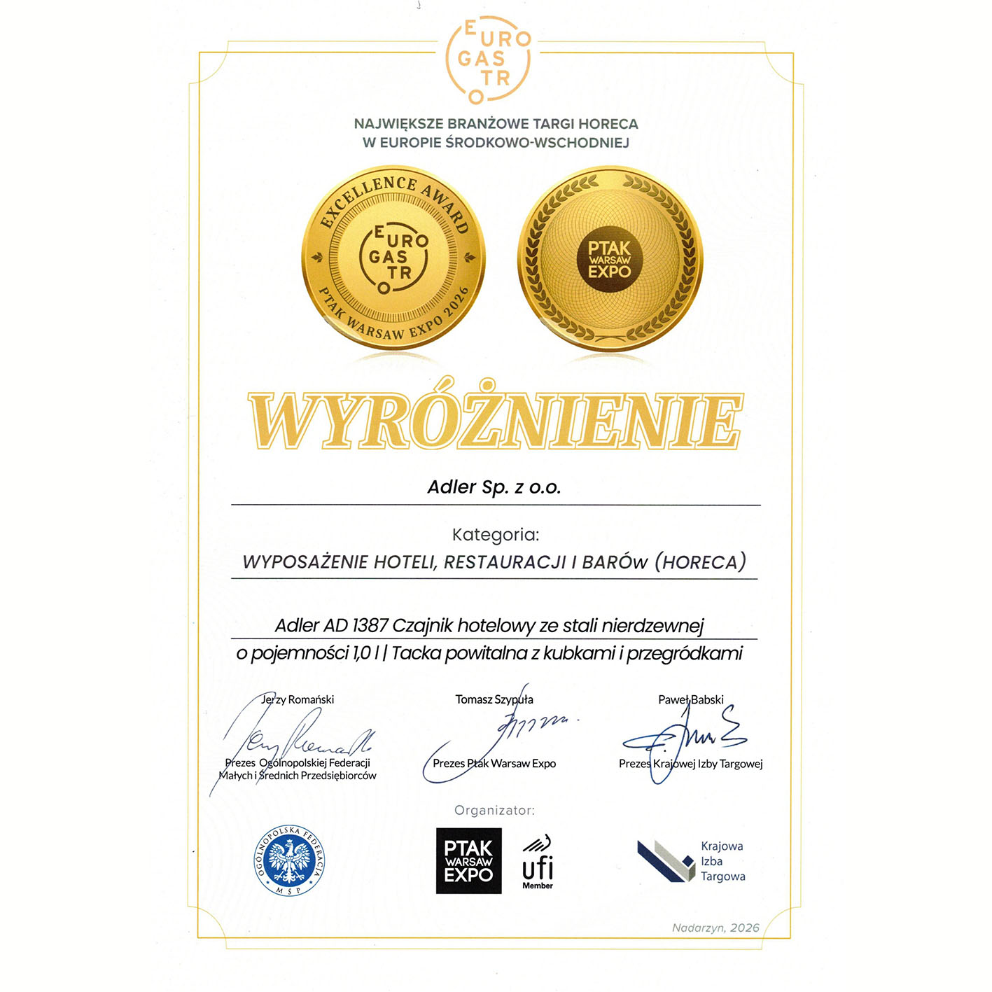 Zestaw hotelowy Adler AD 1387 wyróżniony na targach EuroGastro